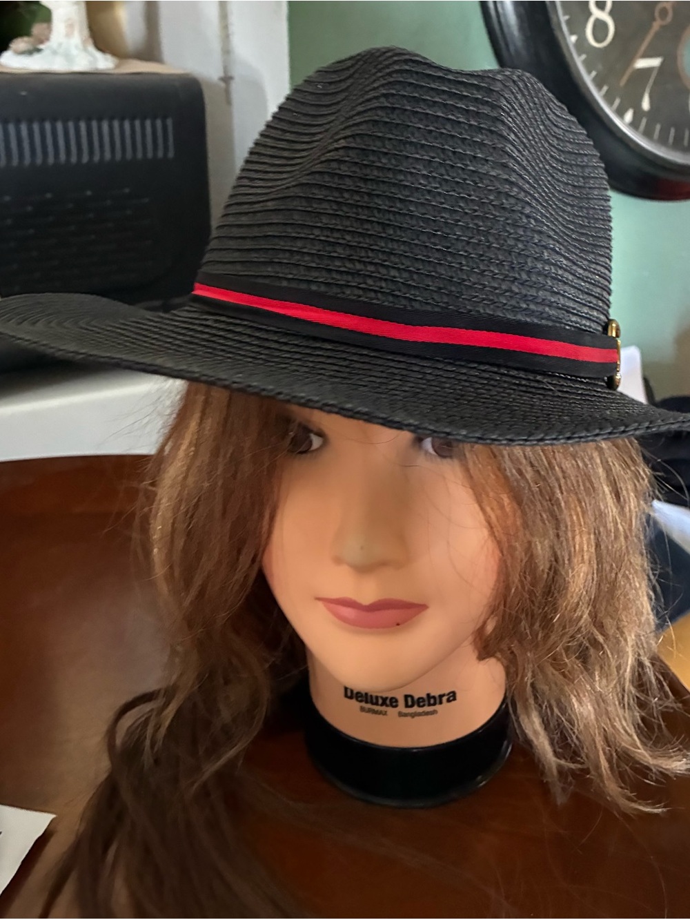 Diva Black Straw Fedora with Red band and Gold Hardware-NWOT